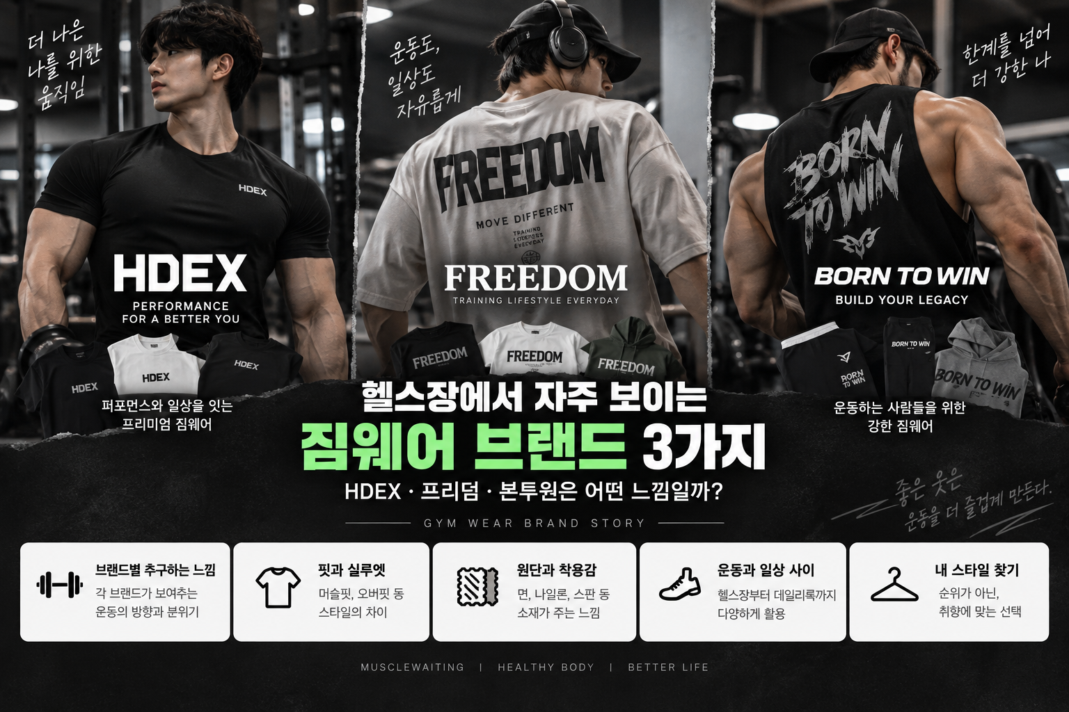 HDEX 프리덤 본투윈 짐웨어 브랜드 스타일과 운동복 핏 비교